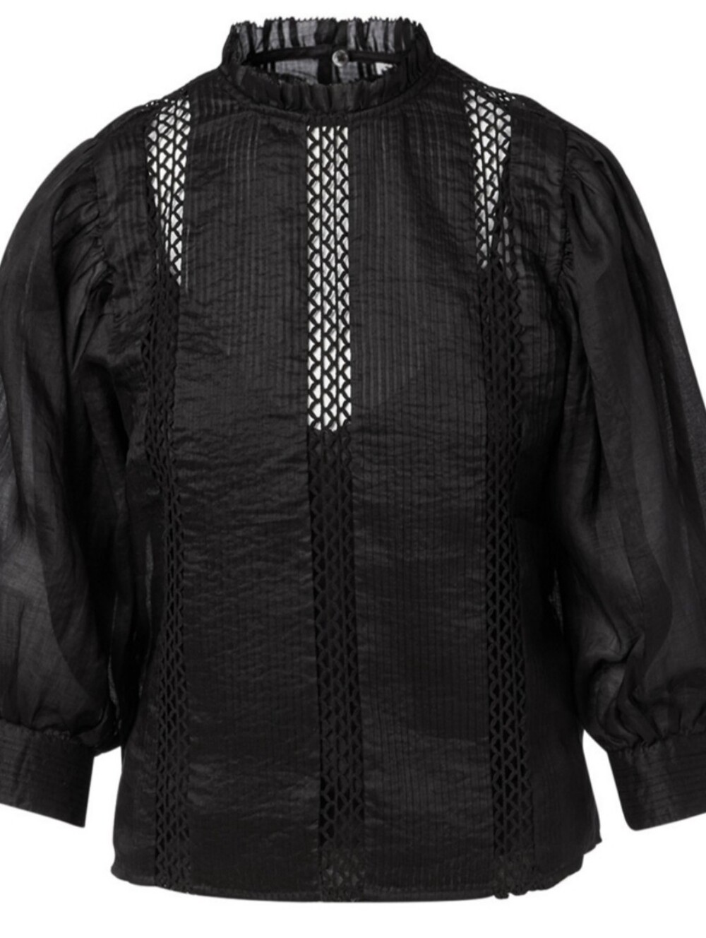 Frame Black Net Lace-Trim Puff 3/4 Sleeve And Ruffle And Neck Blouse